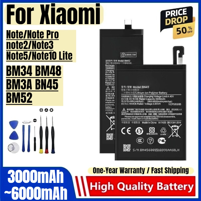 BM34 BM48 BM3A BN45 BM52 for Xiaomi Note/Note Pro/note2/Note3/Note5/Note10 Quality High Capacity Battery Replacement Bateria