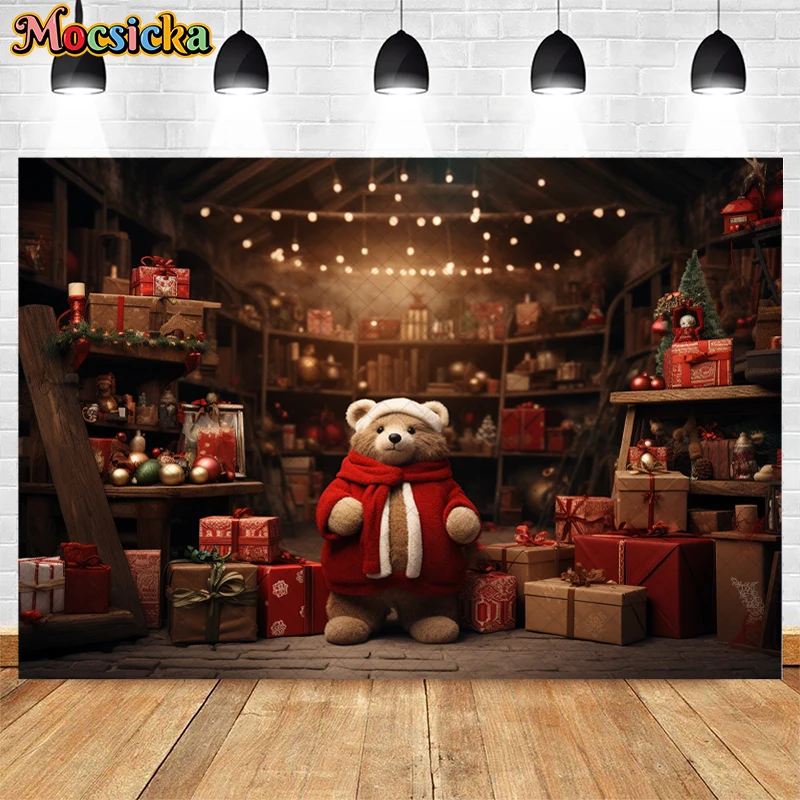 Mocsicka Christmas Warehouse Backdrop For Kids Adult Family Portrait Photography Xmas Tree Toy Bear Decor Studio Photo Props