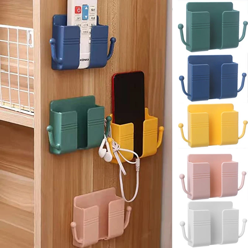 

Multifunctional Wall Mounted Phone Plug Holder With Storage Hooks Home Sundries Organizer Adhesive Remote Control Brackets Racks