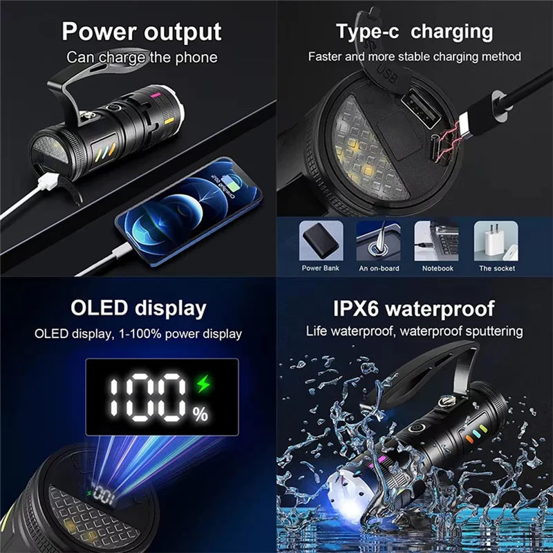 مصباح يدوي LED فائق القوة 800 وات قابل لإعادة الشحن عبر USB، فائق السطوع، طويل المدى، شعلة تكتيكية لصيد الأسماك والتخييم-[Cilae]