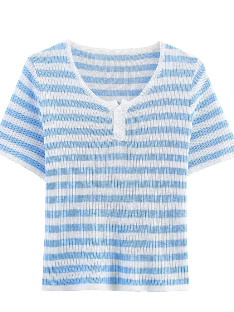 

European style new women's fashion versatile temperament three-button striped knitted short-sleeved pullover
