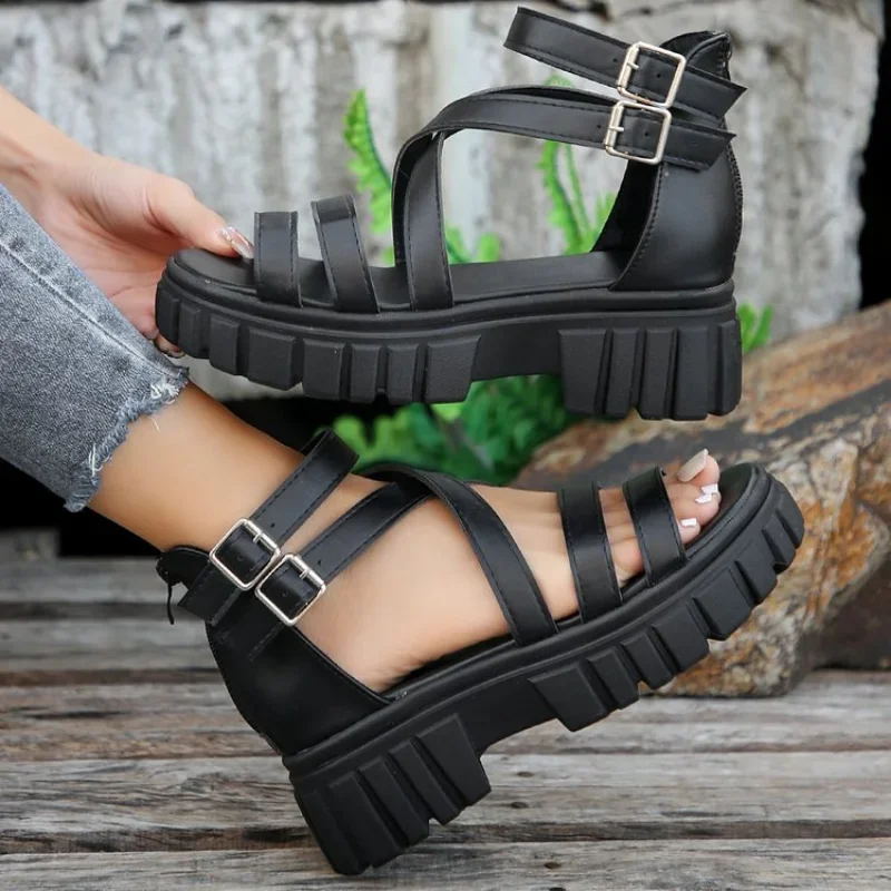 Fashion Chunky High Heels Roman Sandals for Women 2024 Summer Ankle Strap Plarform Sandals Woman Strap Thick Heeled Party Shoes