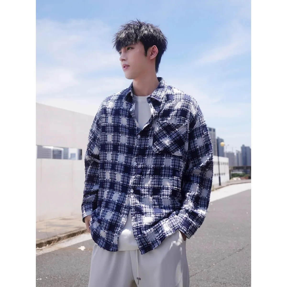 

Men's Oversize Vintage Plaid Long Sve irt Tassel Collar Coat Spring Autumn Polyester Fiber Anti-Wrinkle Regular Fit