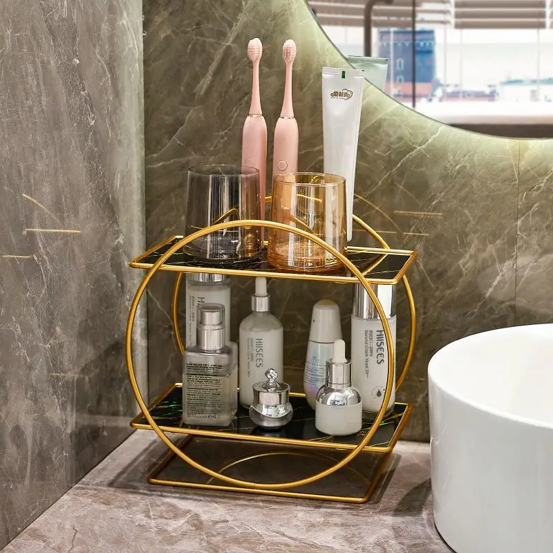 

Custom Iron Art Cosmetic Luxury Style Storage High-end Desktop Toiletry Organizer Storage Box Bathroom Double-layer Skincare