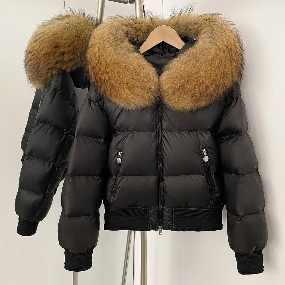 Women New Winter Real Fur White Duck Down Coat Big Natural Raccoon Fur Fluffy Puffer Jacket Knit Cuff Real Fur Collar Top Jacket