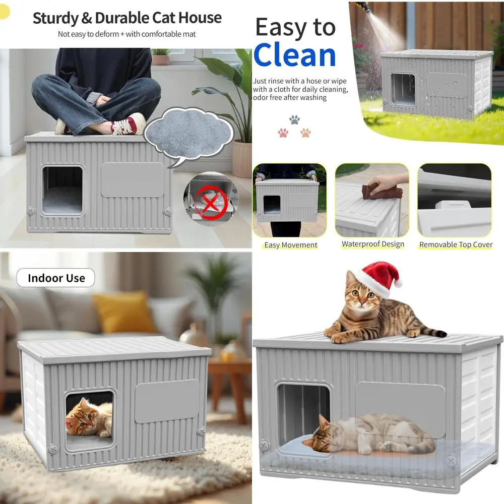 

Weatherproof Outdoor Cat Shelter with Cushioned Mat, Durable Plastic House for Feral Cats, Easy Assembly, Spacious Bed for Small
