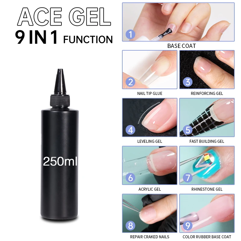 เจลต่อเล็บ Ace ขนาดใหญ่ 250 มล./1 กก. 9-in-1 กาวติดเล็บ เบสโค้ท ท็อปโค้ท เจลต่อเล็บ ยาทาเล็บแบบลอกได้ ยูวี/แอลอีดี เจลกึ่งถาวร