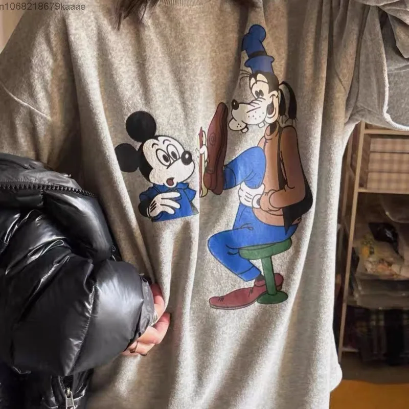 Disney Mickey Goofy Cartoon Print Casual Round Neck Short Sleeved T-shirt American Style Retro Pure Cotton Tees Women Loose Top