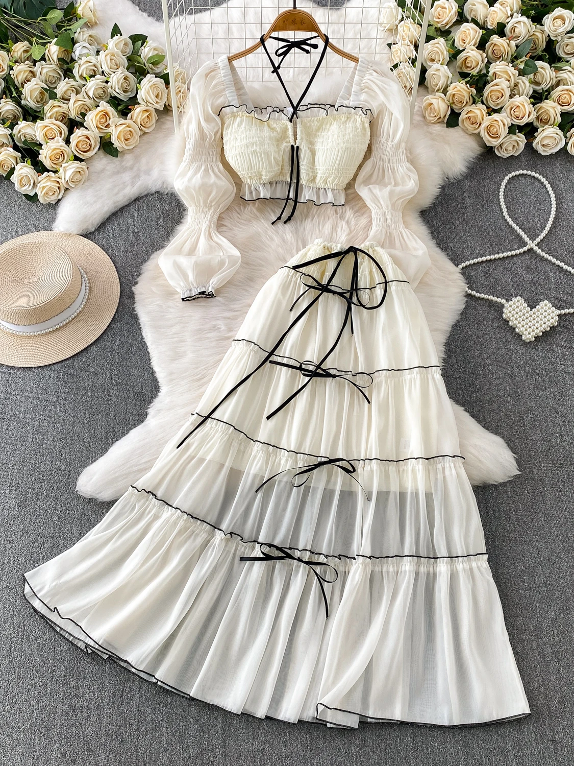 

Сексуальный кружевной топ Vaion с квадратным воротником и рукавами-фонариками, длинная юбка с поясом, комплект из двух предметов, женский модный летний наряд