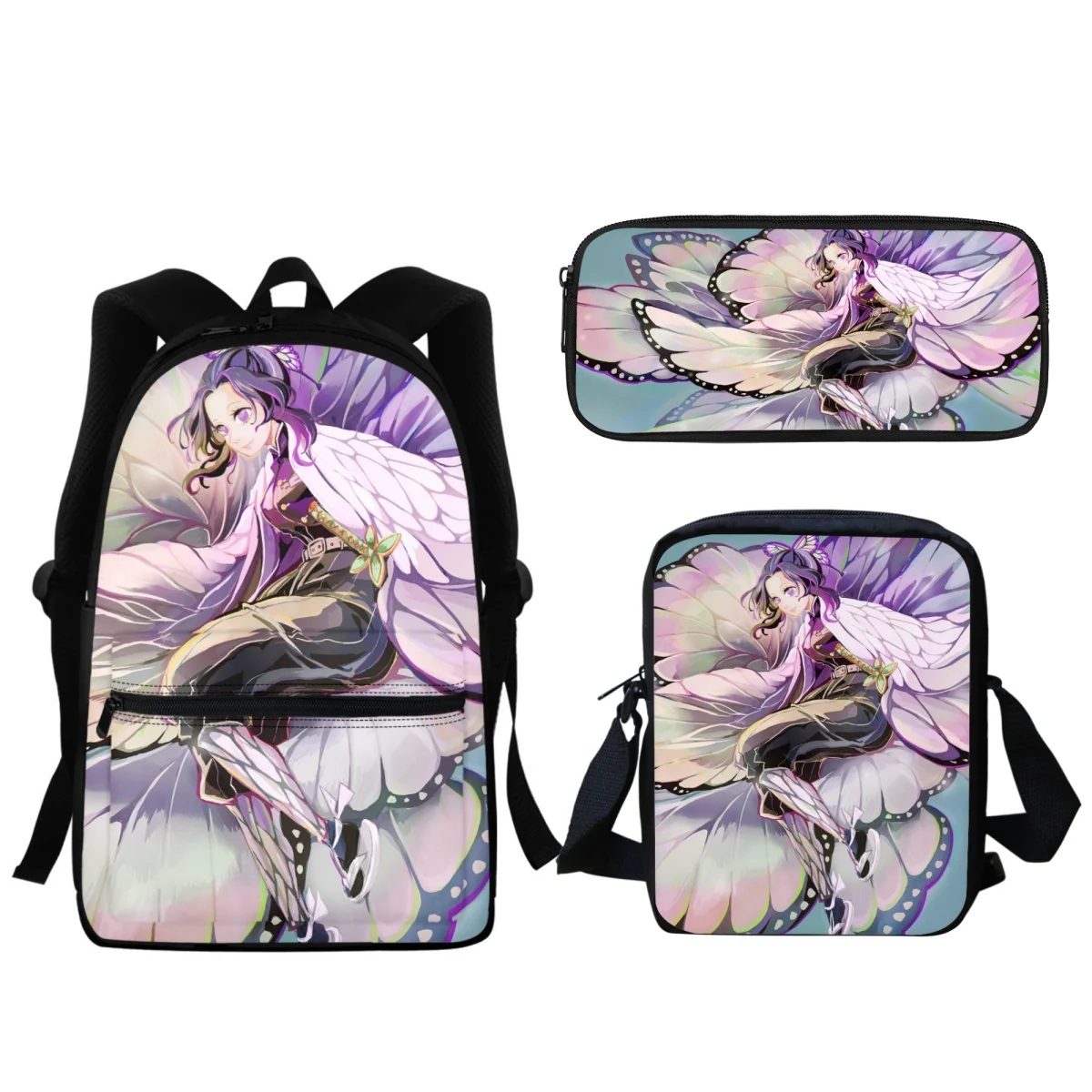 Demônio Slayer Anime Impressão Mochila, Bolsa de Escola Estudantil, Estojo de Lápis Estudante, Sacos Pequenos Do Mensageiro De Ombro, Saco De Viagem Zipper, 3 Pcs/Set