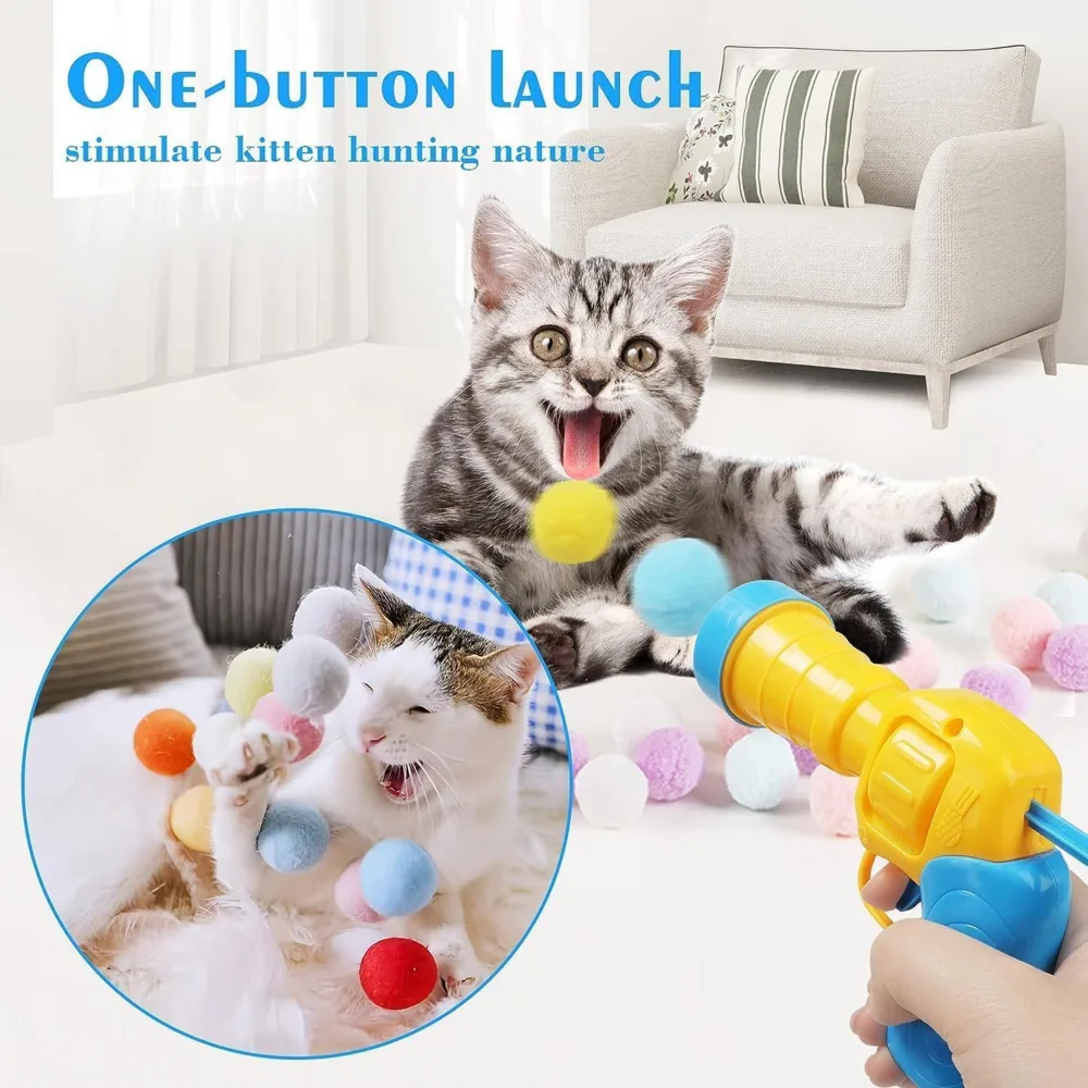 Interactive Plush Ball Shooting Gun Toy for Cats, Pompoms Launcher Game Self-Play Pet Accessories, Indoor Fun for Kittens & Cats