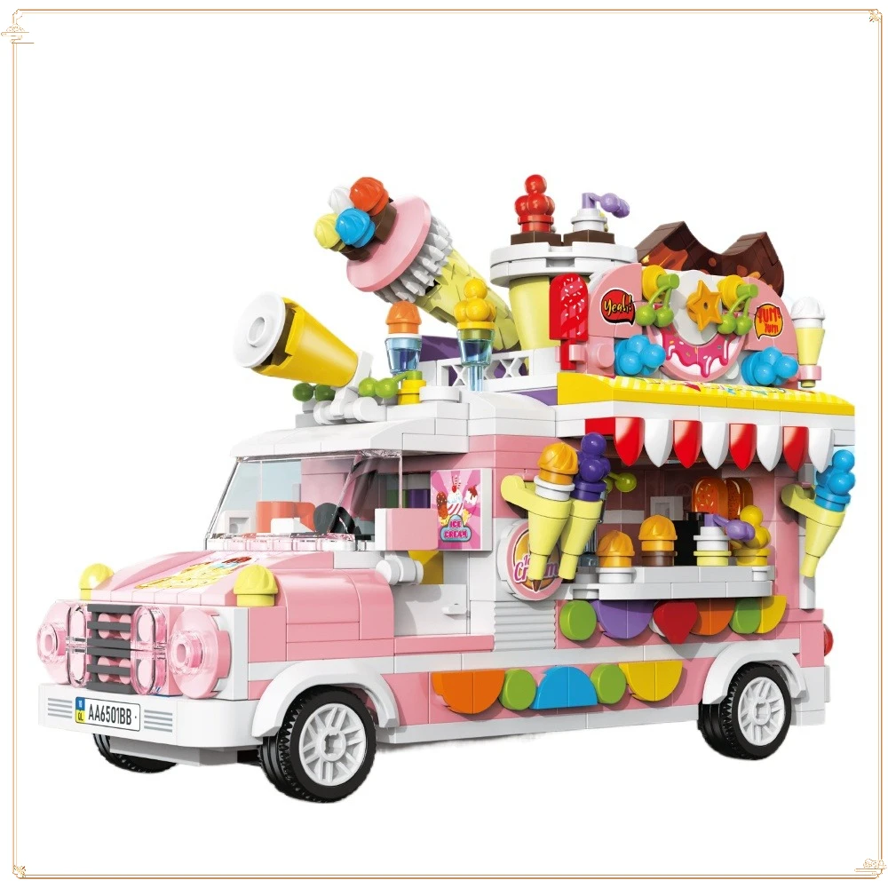 Mini Ice Cream Truck Pizza Truck Three Wheels Float Children's Assembled Block Car Toy Portability Decorative Ornaments Gift