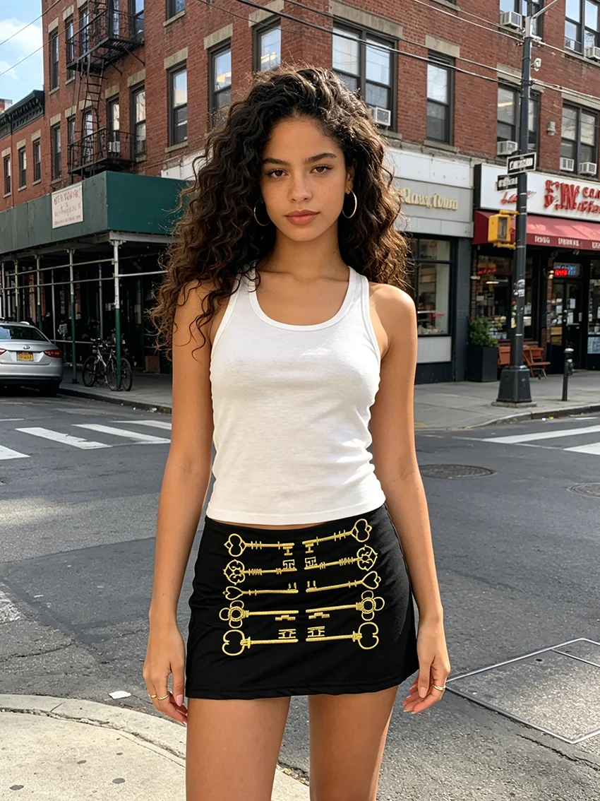 Gothic Antique Key Embroidered Bodycon Mini Skirt Women Trendy Camo Pattern Black Back Zip Low Rise Tight Club Party Short Skirt