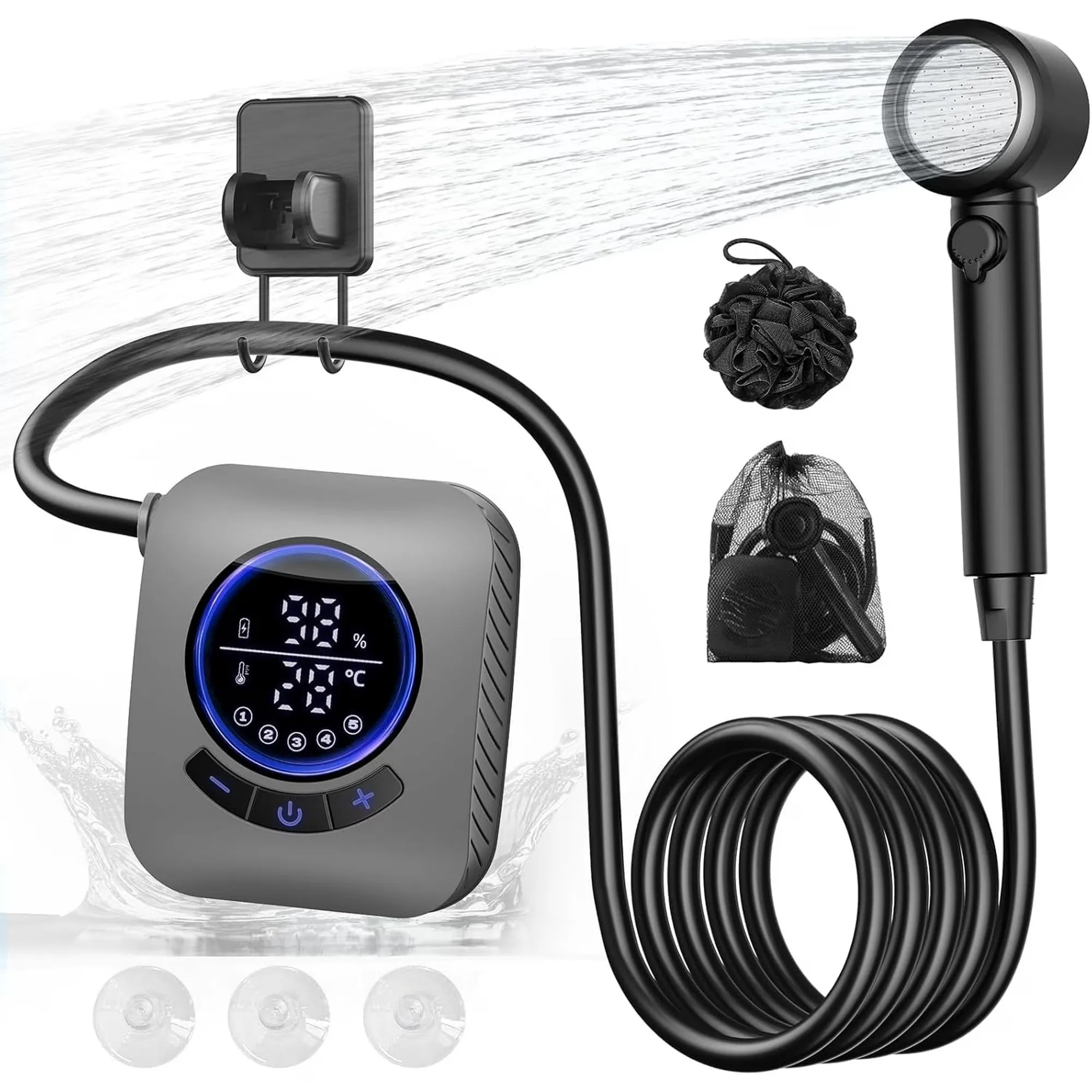 Camping Portable Shower 8000mAh Rechargeable Pump with Bath Sponge, 4 Spray Modes, for Outdoor Car Washing Pet Bathing
