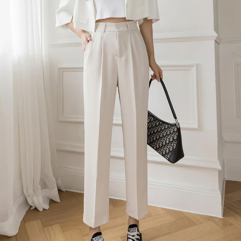 Casual Women Suit Pants 2023 Summer Fashion High Waist Black Harem Pants Female Korean Style Pocket Thin Nine Point capris