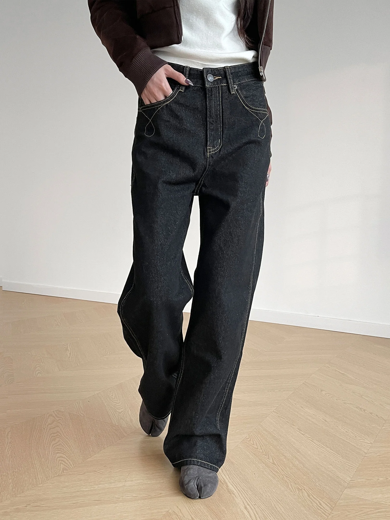 

Inbeowroom American Retro Bla Straight Leg Floor-Length Jeans Men's Women's Slimming Casual Pants l Waist Zipper