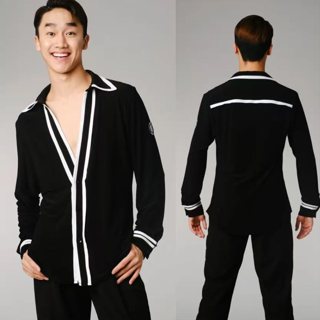 ผู้ใหญ่ชายเสื้อผ้าเต้นรำละตินสีดำคอวีแขนยาวเสื้อเสื้อผ้าการแสดงรุมบ้าซัลซ่าเต้นรำการแข่งขันเสื้อ DNV25918