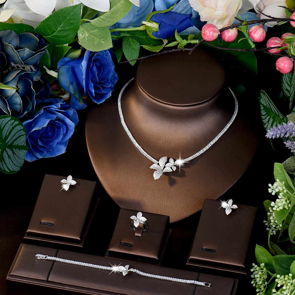 HIBRIDE New Luxury Art Stereo Flower Necklace Earrings Bracelet Ring Women's Jewelry Set Wedding Holiday Bridal Gift S-1122