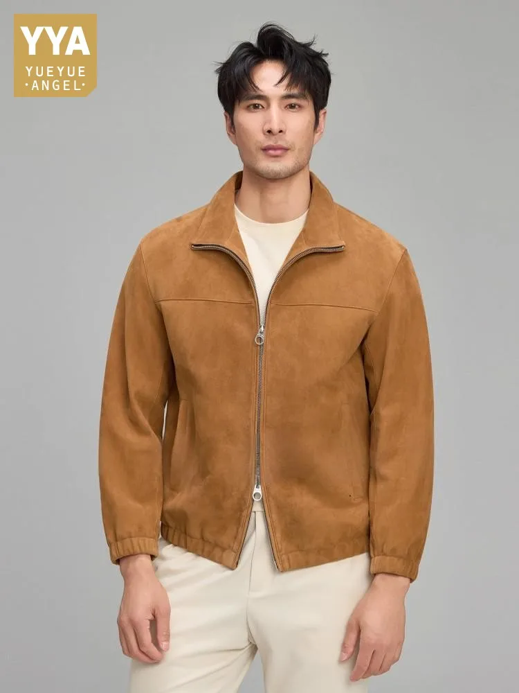 Роскошная мужская мягкая натуральная замшевая кожаная куртка на молнии с воротником с лацканами для деловой работы, настоящее замшевое пальто, осенняя модная верхняя одежда, куртки