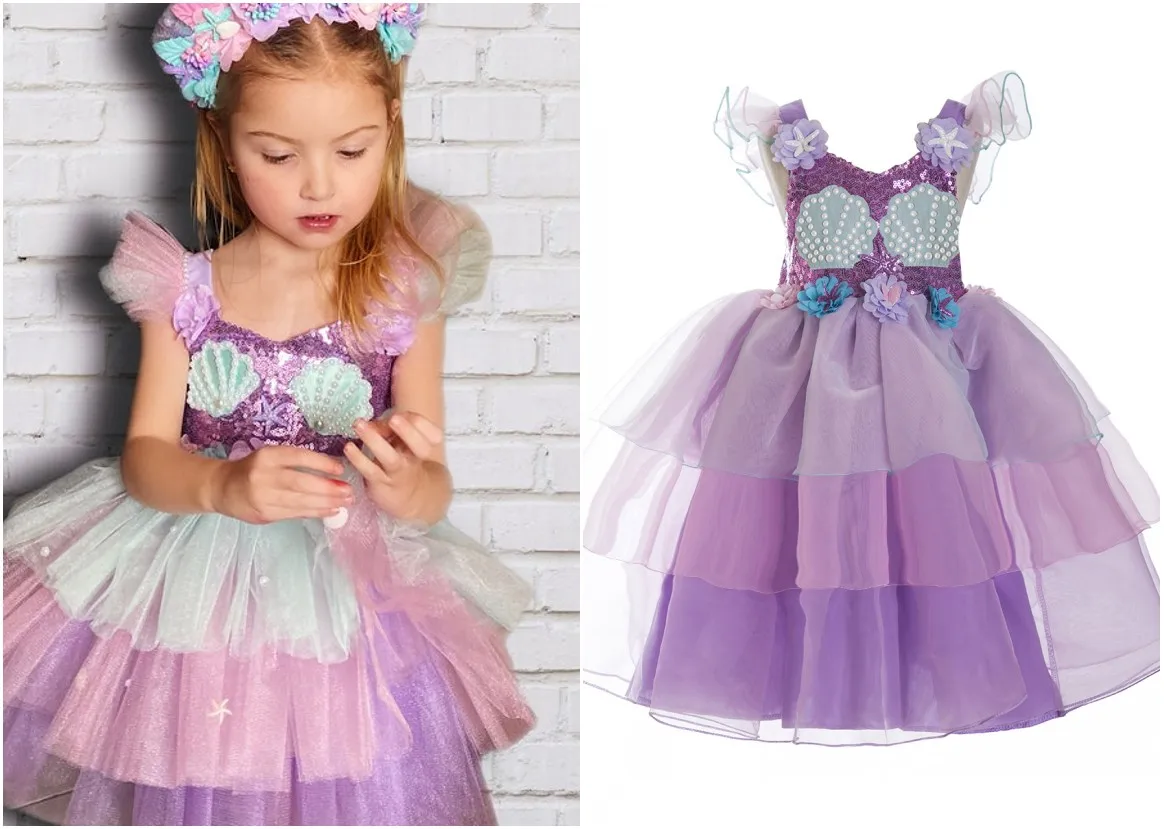 Starfish Themed Tulle Puffy Dress, Ariel Pearl Beaded Mermaid Costume, Custom Mermaid Birthday Dress, Baby Girl Gift