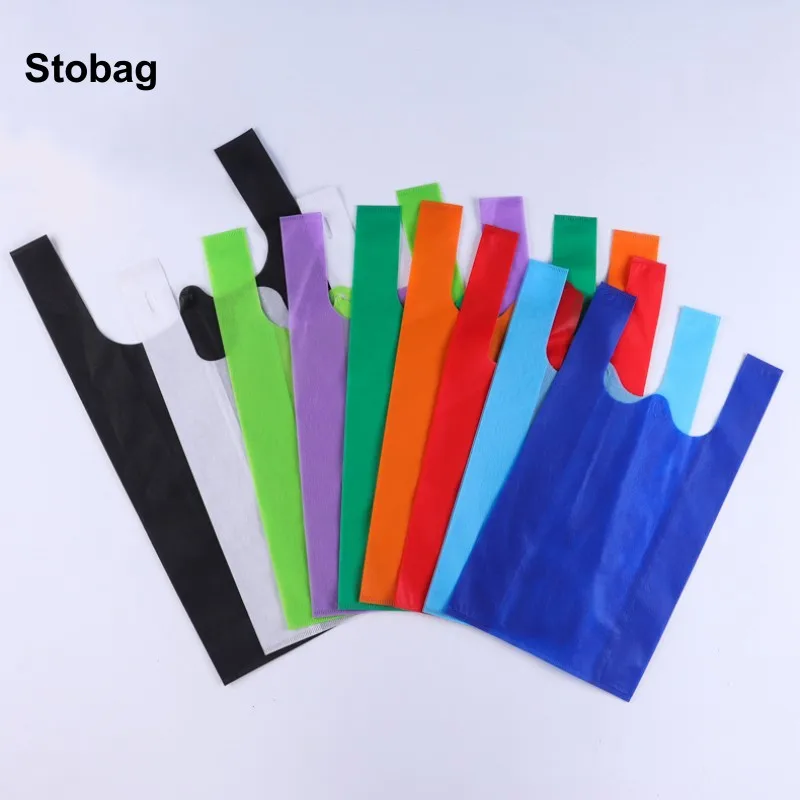 StoBag 10pcs Non-woven Shopping Tote Bags Handbag Cloth Color Eco-friendly Storage Reusable Large Pouches Custom Logo(Extra Fee)