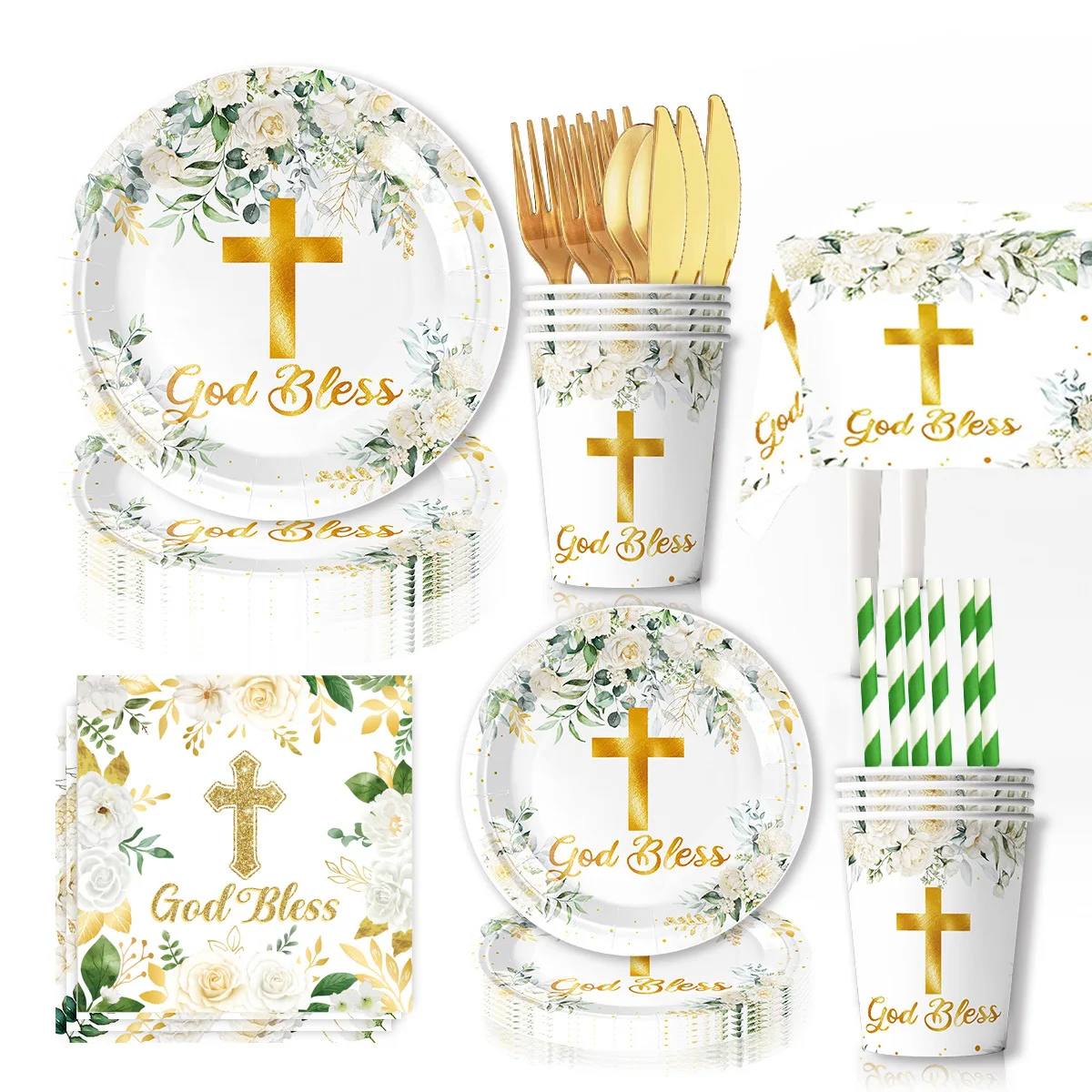 Suministros para fiesta de bautismo, Dios bendiga, platos desechables, vasos de papel, servilletas cruzadas, mantel, Baby Shower, día sagrado, comunión, cumpleaños