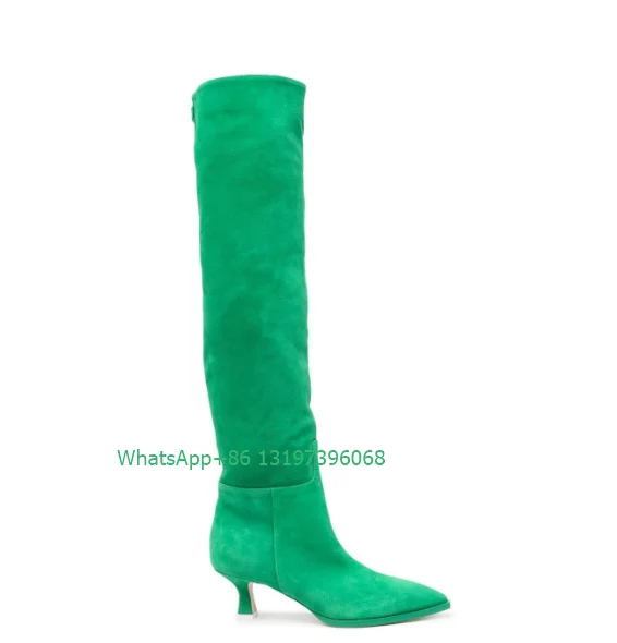 

Lady yellow pointed-toe knee-length boots suede sexy kitten low heel boots green PU daily boots bright color footwear size 46