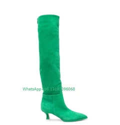 Lady yellow pointed-toe knee-length boots suede sexy kitten low heel boots green PU daily boots bright color footwear size 46