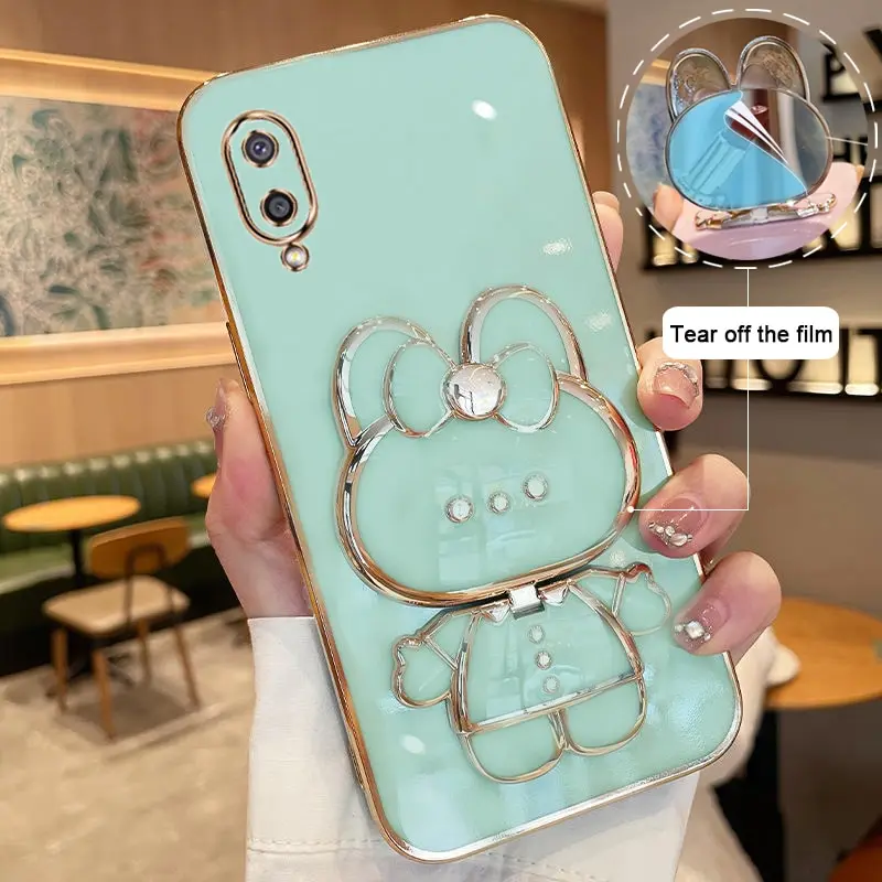 Makeup Mirror Phone Case For Samsung Galaxy A02 Plating Cartoon Rabbit Folding Bracket Phone Protection Case Cover