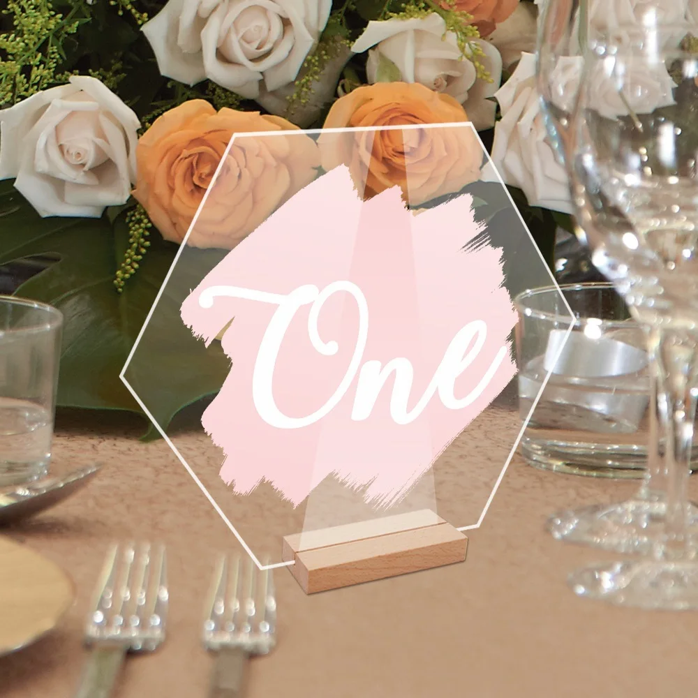 

Acrylic Hexagon Uv Table Number Plate Table Cards With Wooden Base Seat Plate For Wedding Banquet Party