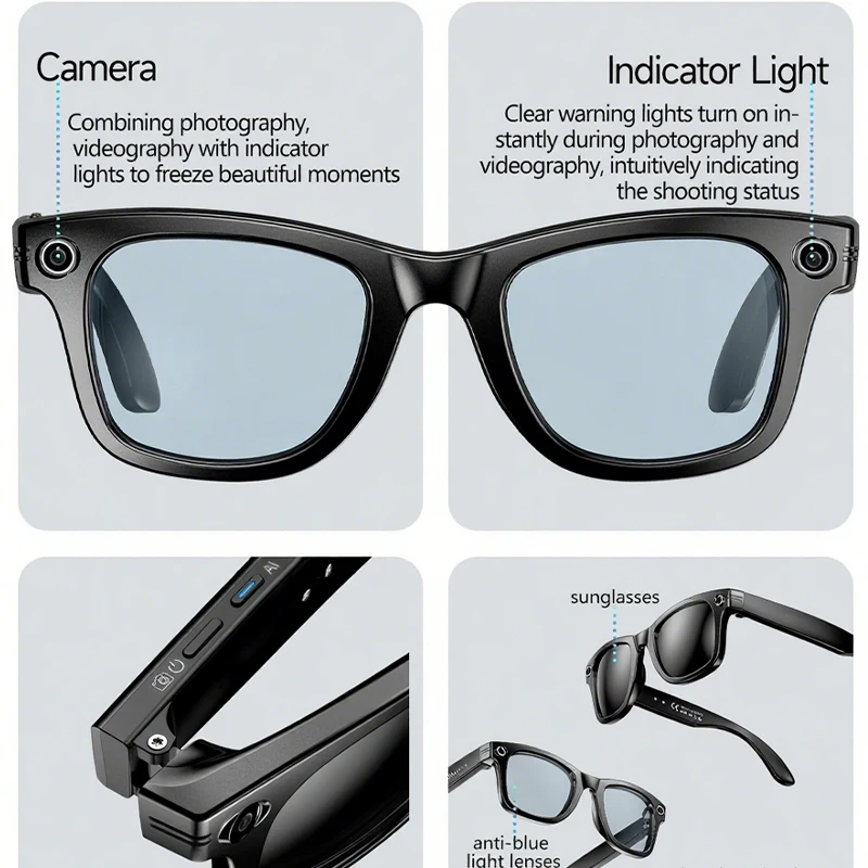 بلوتوث AI كاميرا ذكية فيديو صور النظارات الشمسية الرجال النساء الترجمة نظارات شمسية سماعات حماية الضوء النظارات في الهواء الطلق #4