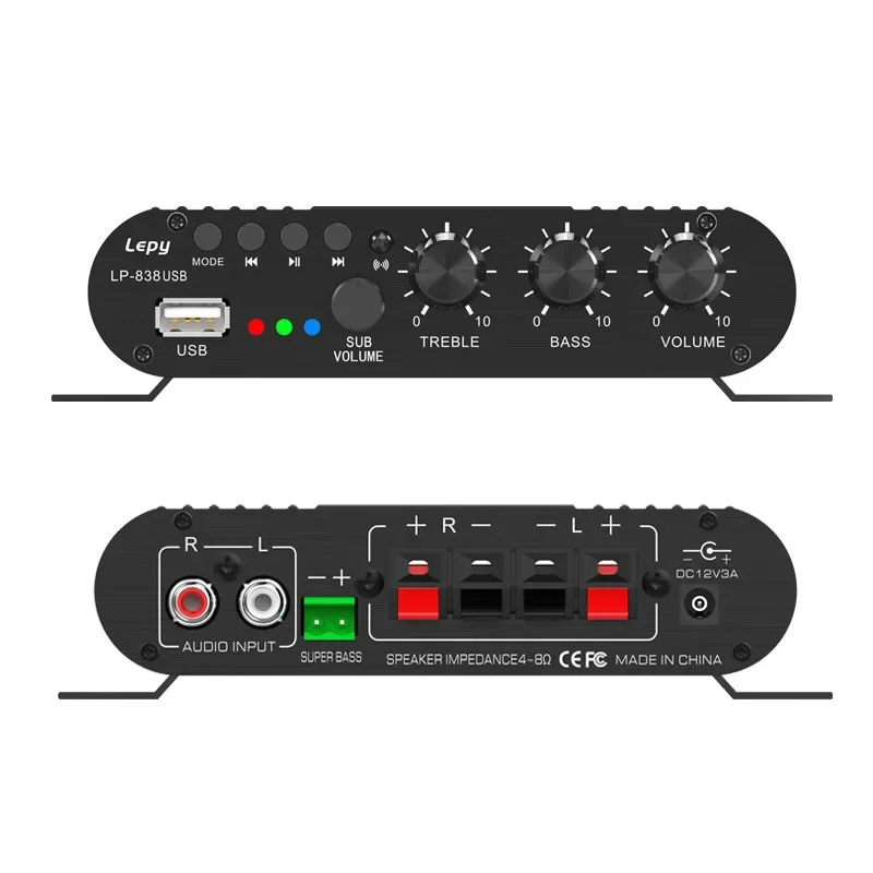 Bluetooth 5.0 Amplifier 2.1 3 Channel Super Bass Support USB Lossless Music Play With Remote Control Digital Amp LP-838USB