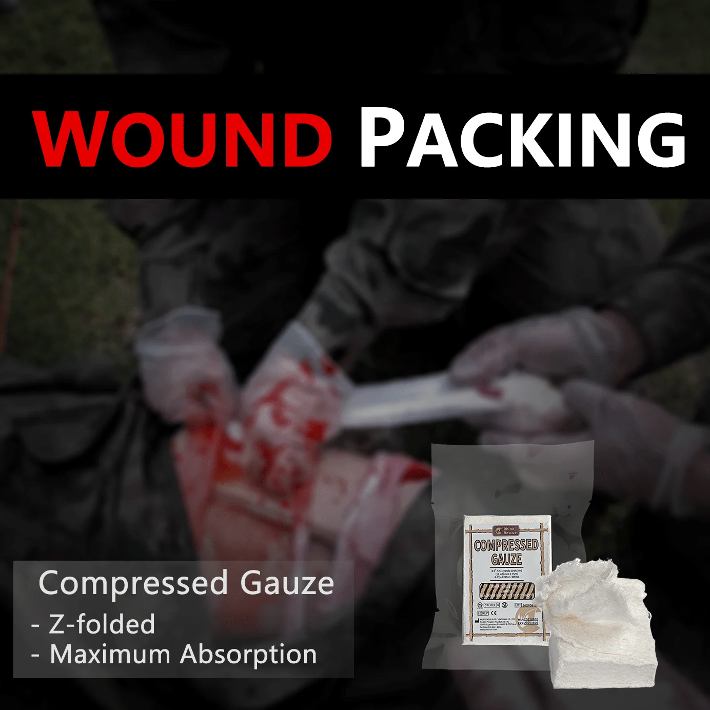 RHINO RESCUE Sterile Compressed Gauze for Emergency Wound Dressing First Aid and Trauma Kit For Camping Travel 0utdoor Survival