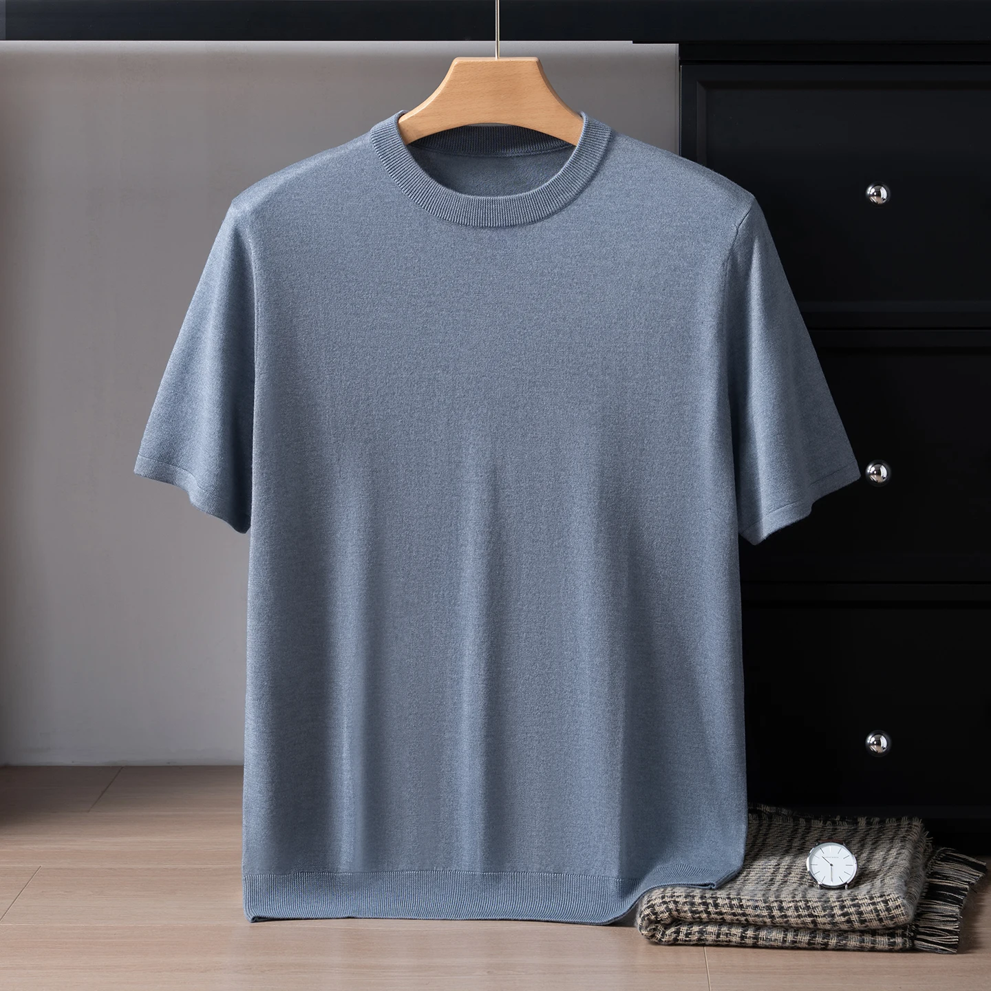 Summer New High Quality Men's T-shirts Mulberry Silk Knitted T Shirt Short Sleeve Tops Solid Round Neck Cashmere Pullover Tees
