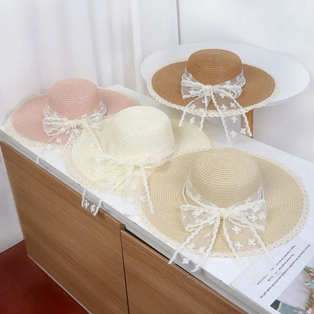 

Elegant Wide Brim Straw Hat Pearl Chain Breathable Weave Bucket Hat Large Brim Comfortable To Wear Lace Tied Sun Hat Summer