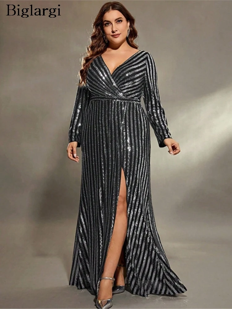 

Платье женское больших размеров, весеннее, с пайетками, в полоску, блестящее, элегантное, модное, с длинным рукавом, с разрезом, сексуальное