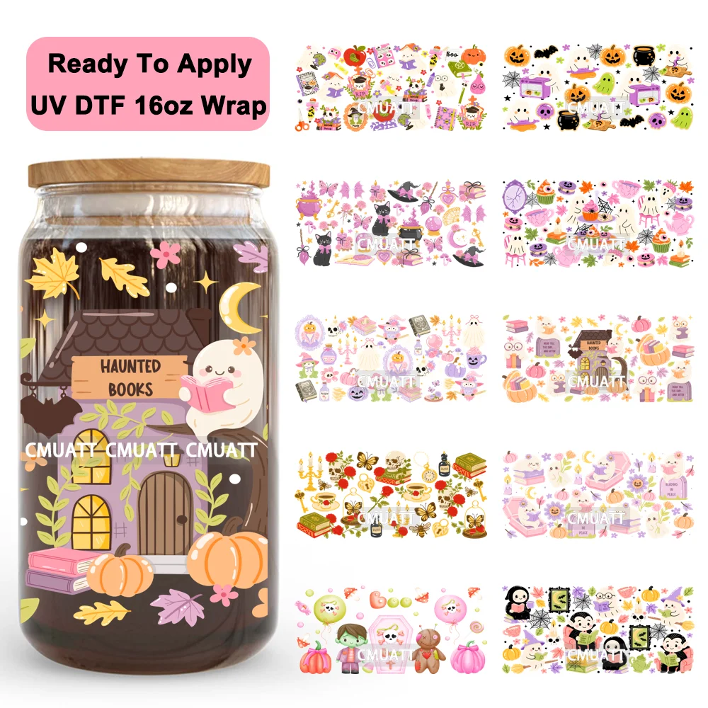 

Cute Ghost Reading Book Bow Halloween Pumpkin UV DTF Sticker Ready To Transfer Cup Wrap Custom Logo For Libbey Can Glass Tumbler