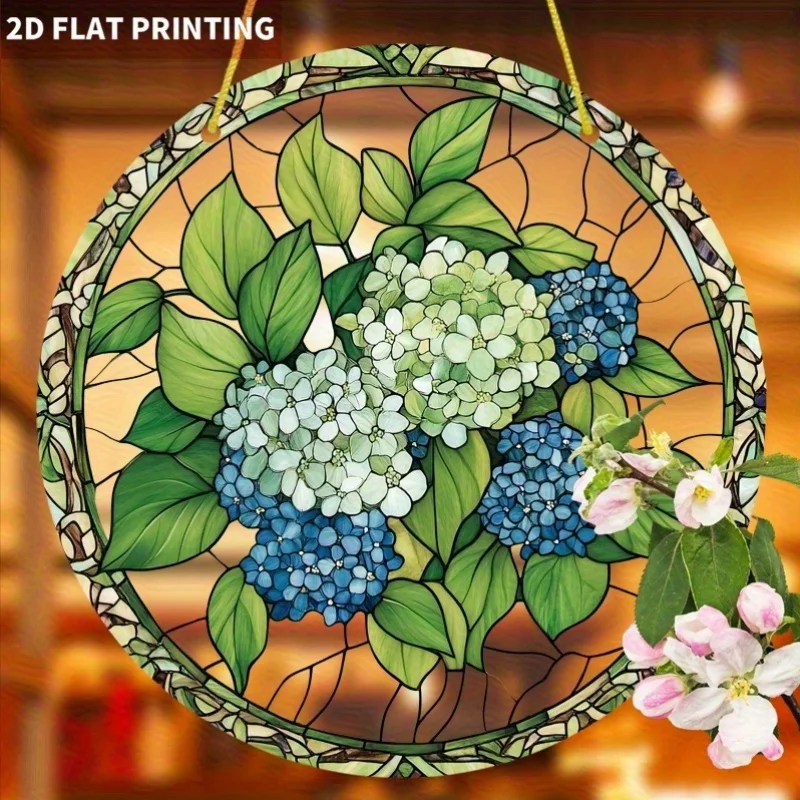 

Акриловая картина в стиле витраж с изображением кошки и цветочным узором, круглая подвесная декорация для окна, 2D плоское пластиковое художественное украшение для любителей животных