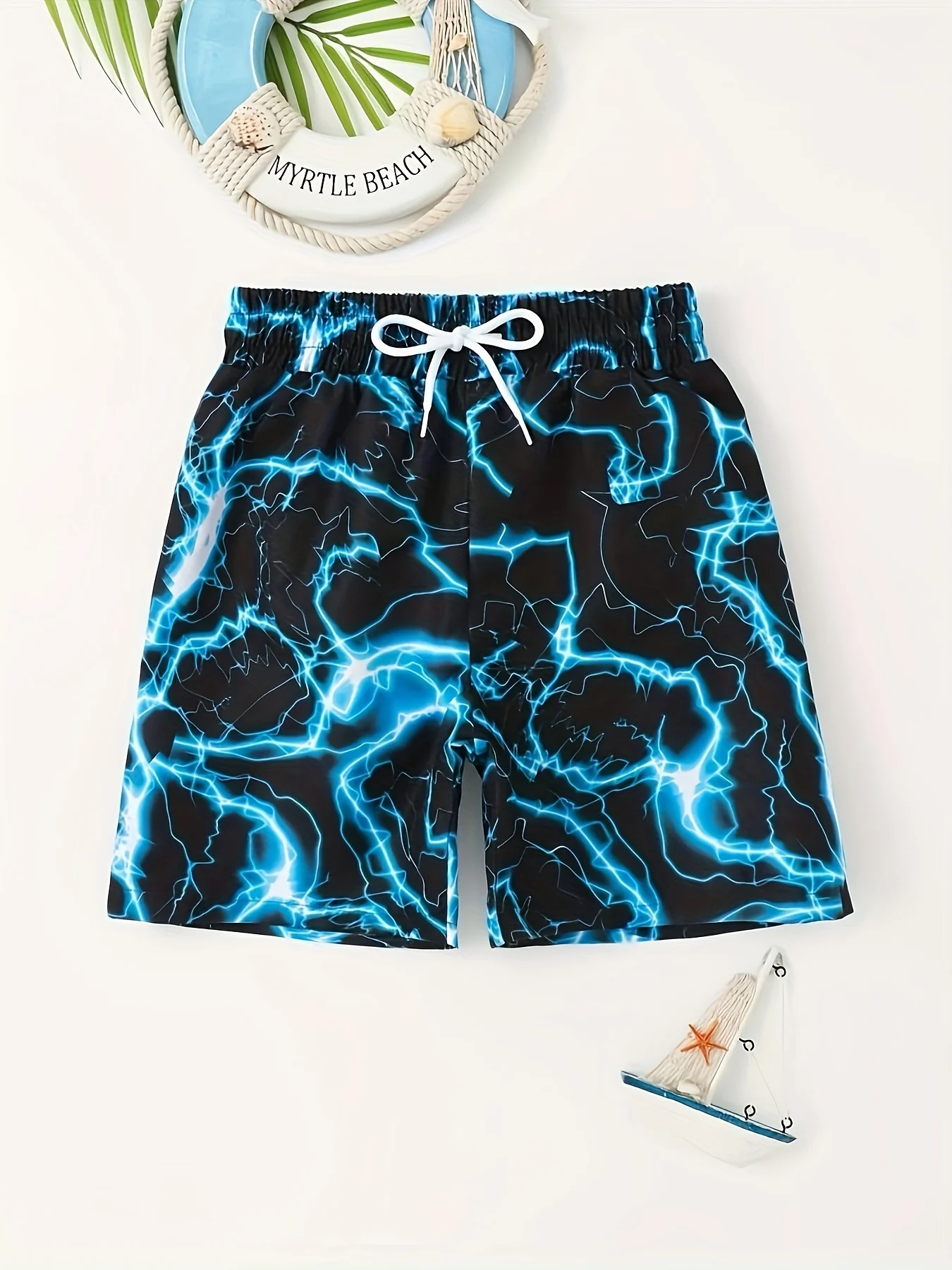 

Kids' Quick-Drying Lightweight Lightning Pattern Drawstring Beach Shorts, Seaside Vacation Casual Outdoor Shorts