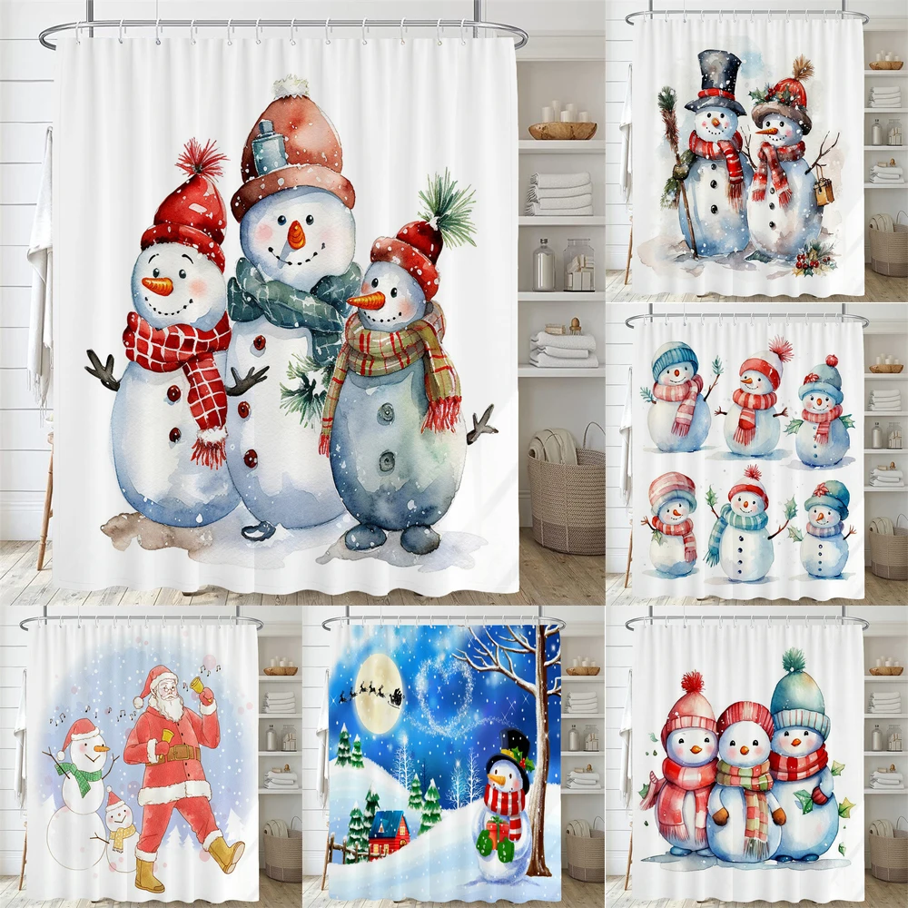 

Winter Christmas Shower Curtain Cartoon Kids Snowman Theme Shower Curtain Xmas Christmas Pattern Bathroom Decorations Curtain