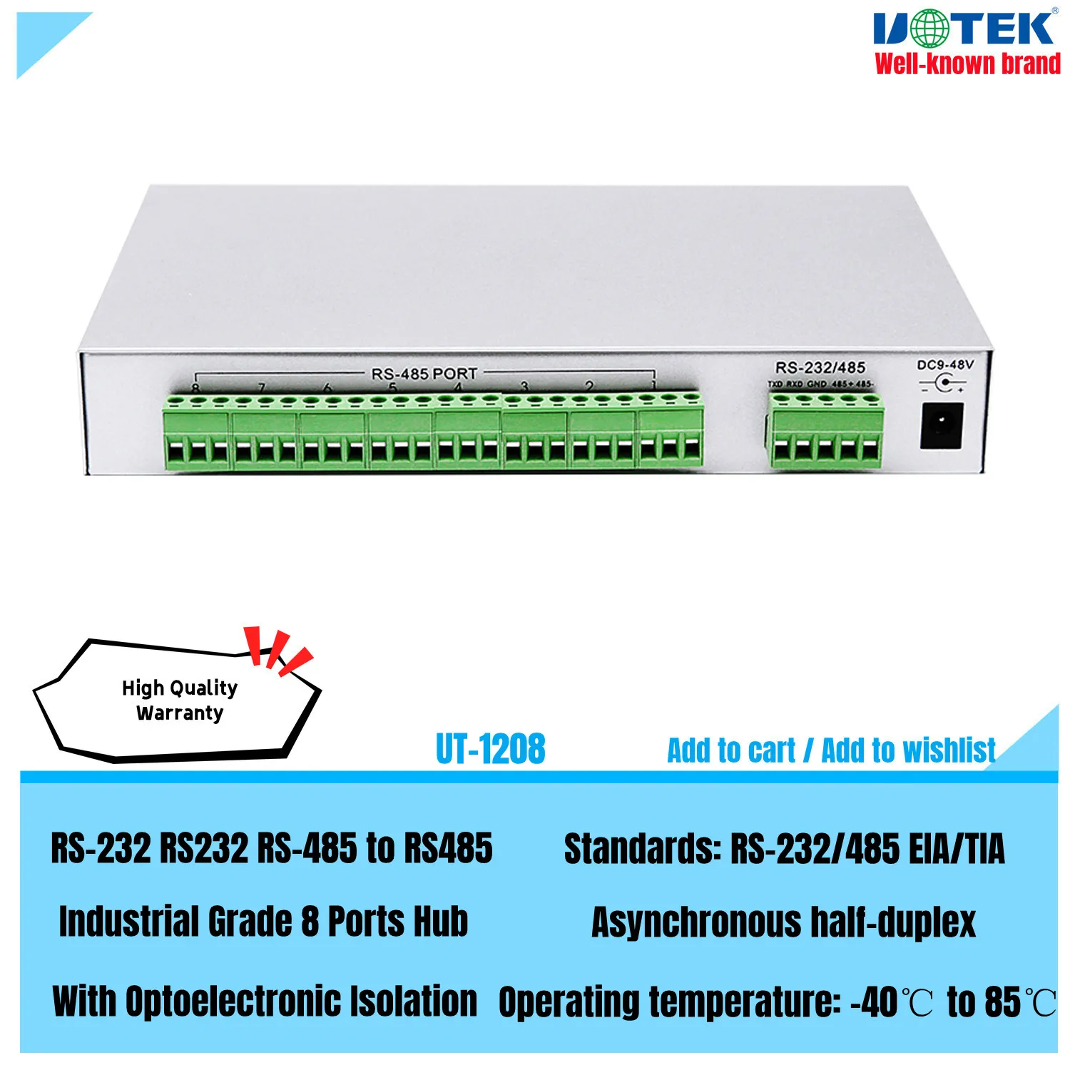 

UOTEK, промышленный класс, RS-232 RS232, с 8 портами RS485 Hub с оптоэлектронной изоляцией, асинхронный полудуплексный