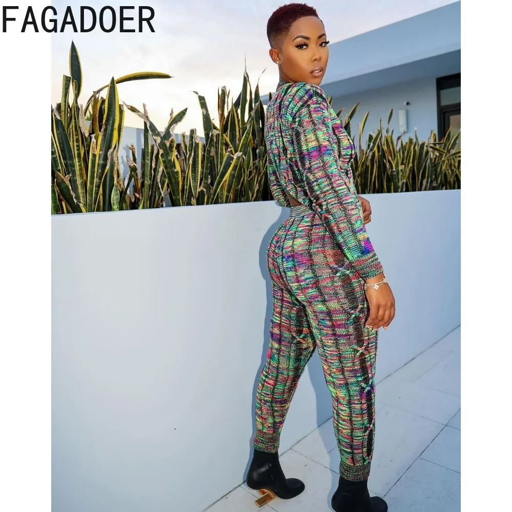 FAGADOER Casual Multicolour Knitting Skinny Pants Two Piece Sets Women Round Neck Long Sleeve Crop Top And Pants Outfits 2024