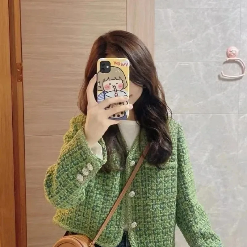 2024 New Popular Fragrant Coat Women's Short Slim Fit Temperament Green Woolen Jackets
