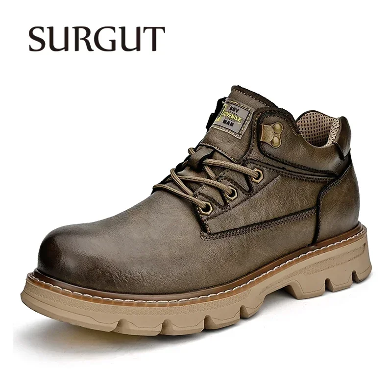 SURGUT Men's Leather Boots 2025 New Ankle Motorcycle Boots Retro Handmade Luxury Lace Up Waterproof Shoes For Men Working Boots