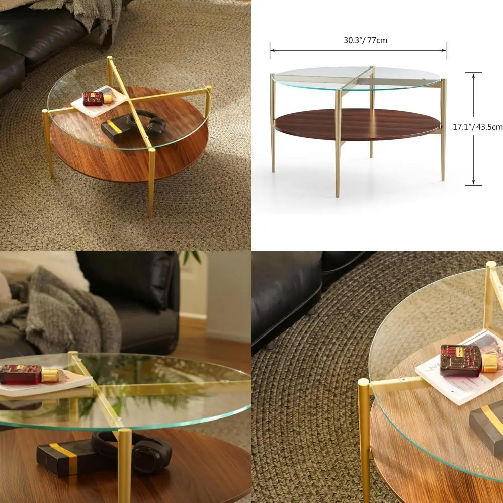 Mid-Century Modern Mossi BLEVIO Round Coffee Table with Clear Glass and Walnut Brown Frame for Living Room