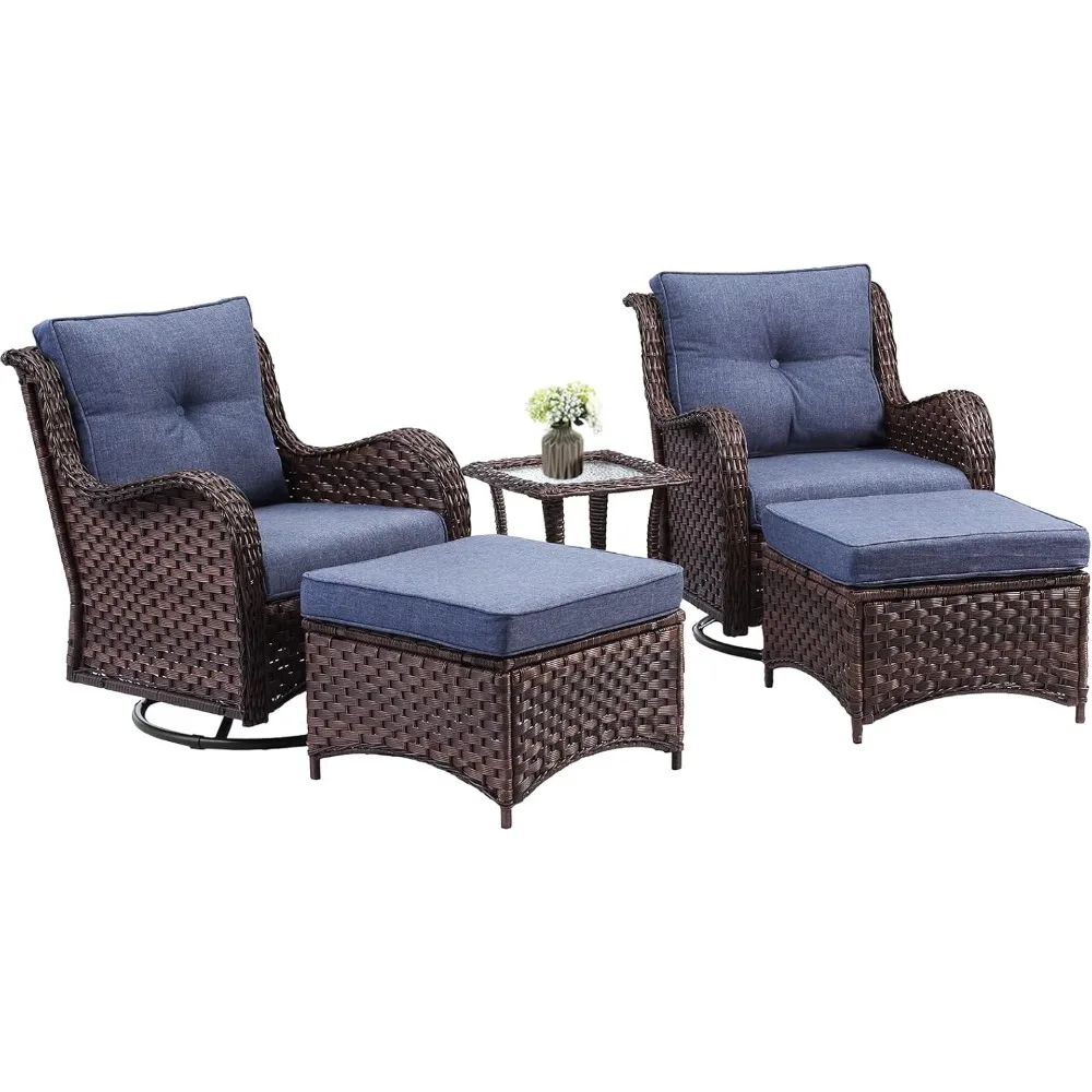 5 Pieces Outdoor Patio Furniture Set, Rattan Wicker Swivel Rocker Chairs Sets with Ottomans, Swivel Glider Chairs, Coffee Table