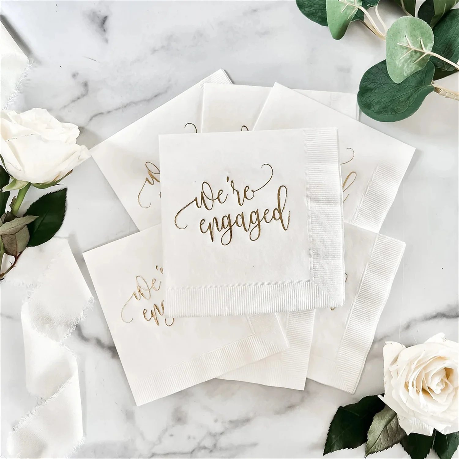 50pcs We're Engaged Engagement Party Cups and Napkins - Ready To Ship -White Napkins With Gold Foil, White Cups With Gold Ink, E