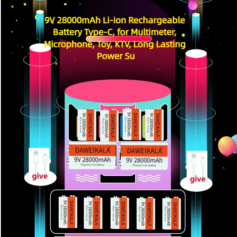 

9V 28000mAh Li-ion Rechargeable Battery Type-C, for Multimeter, Microphone, Toy, KTV, Long Lasting Power Supply