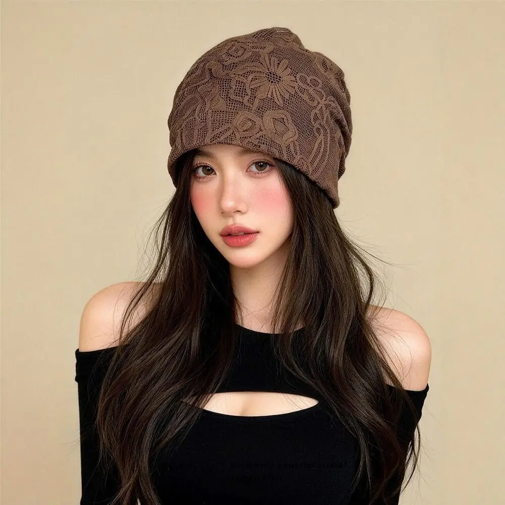 Sweet Embroidered Crochet Flower Lace Hat Breathable Spicy Girl Weave Knitted Cap Thin Korean Style Flower Pile Hat Girls