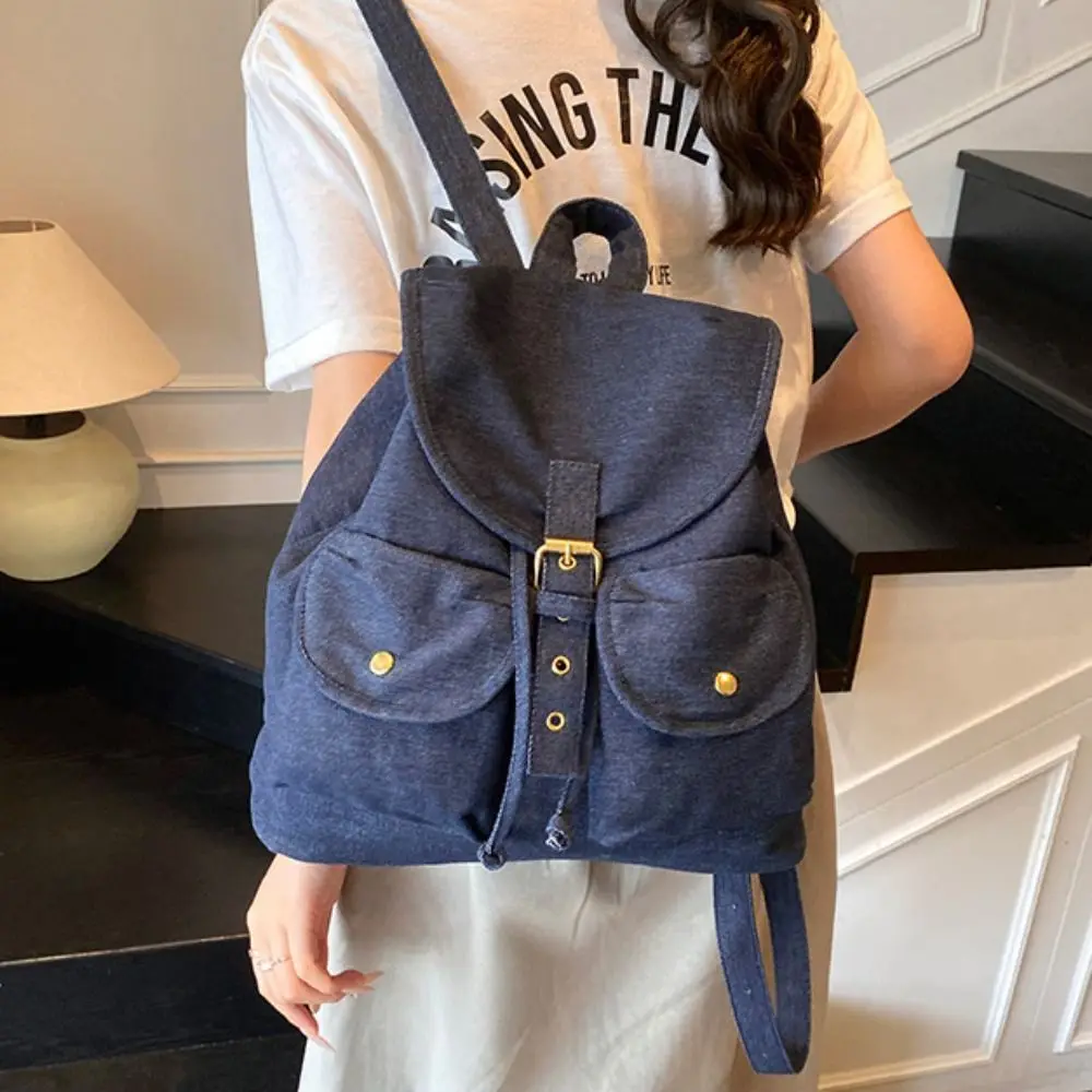 

Korean Style Denim Drawstring Backpack Large Capacity Multi-pocket Oxford Cloth Shoulder Bag Versatile Waterproof
